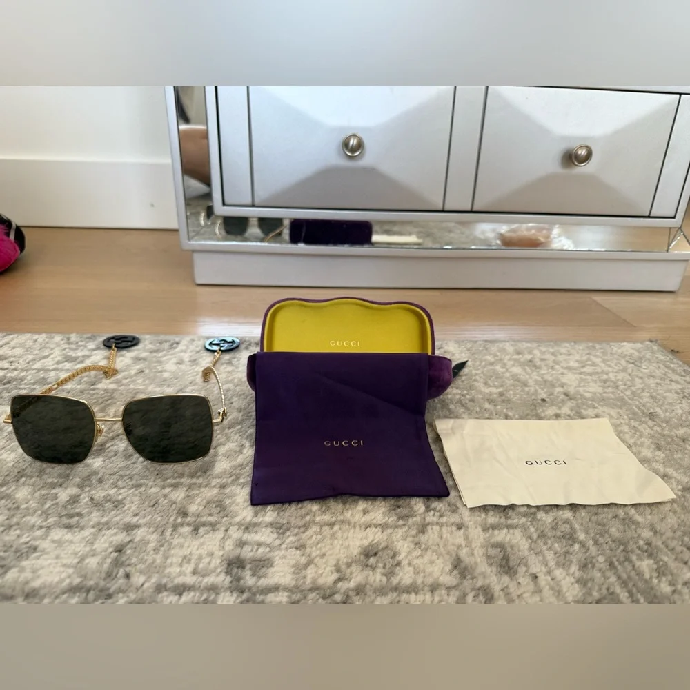 Gucci Gold Metal Square Sunglasses with Dark Gray Lenses